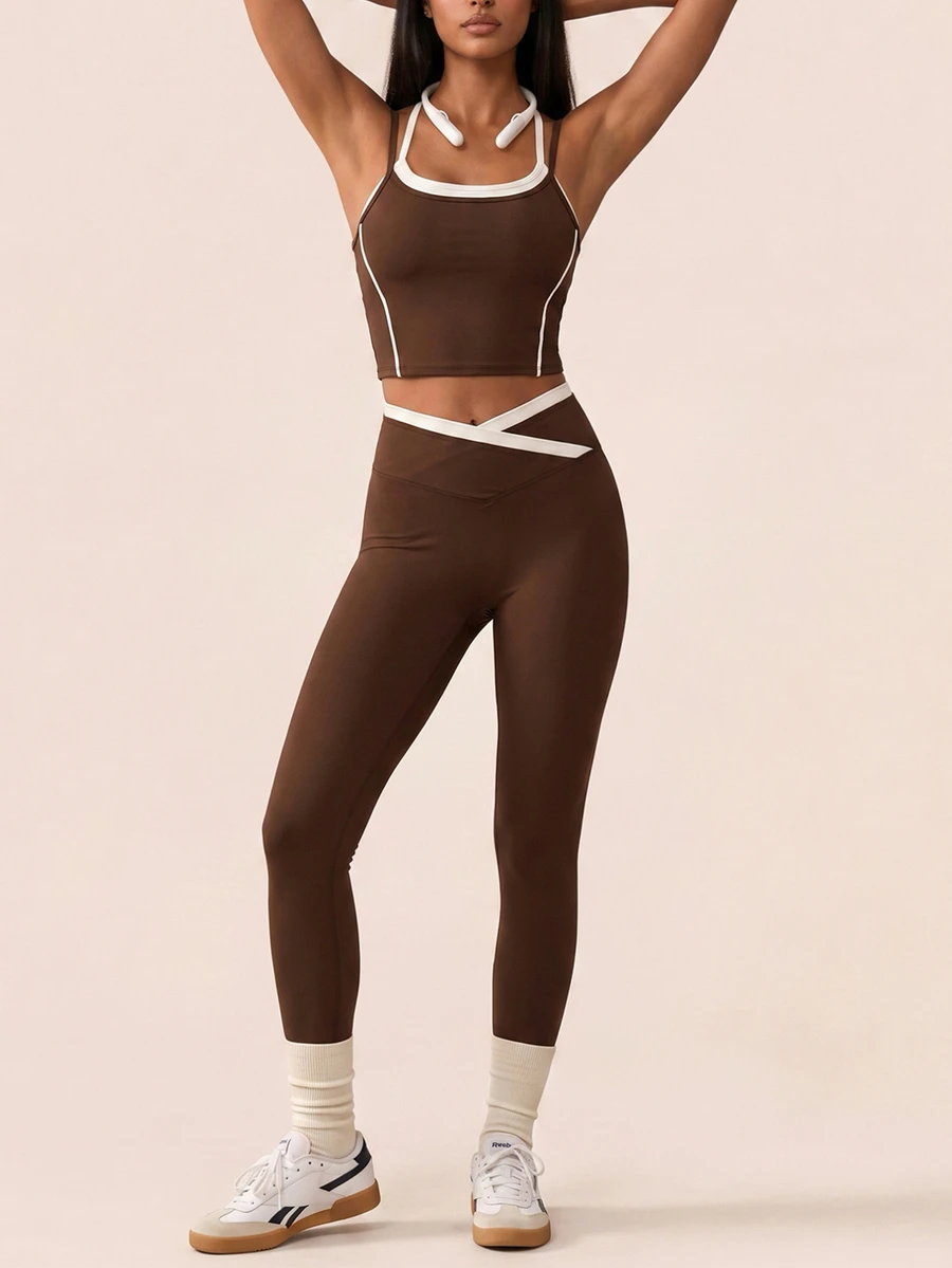 SHEIN BAE Women's 2 Pieces Camisole Top And Leggings Sports Set - Coffee Brown - View 1