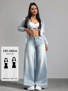 SHEIN PETITE PETITE 女款高腰浅色水洗阔腿牛仔裤，休闲日常及夏季街头风女裤 - 淺色水洗藍 - 查看 1