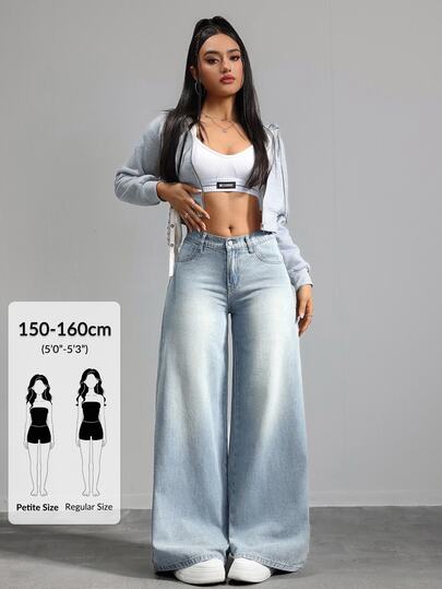 SHEIN PETITE PETITE 女款高腰浅色水洗阔腿牛仔裤，休闲日常及夏季街头风女裤