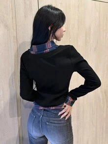 FRIFUL Sweatshirt Kasual Lengan Panjang Berkerah Motif Kotak-kotak Patchwork untuk Wanita, Cocok untuk Musim Gugur. - Hitam - View 2
