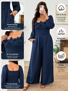 Weeklong Women's Plus Size Square Neck 3D Floral Decor Navy Blue Long Sleeve Shirred Waist With Pockets All-Season Versatile Slimming Jumpsuit Fall - Navy Blue - View 1