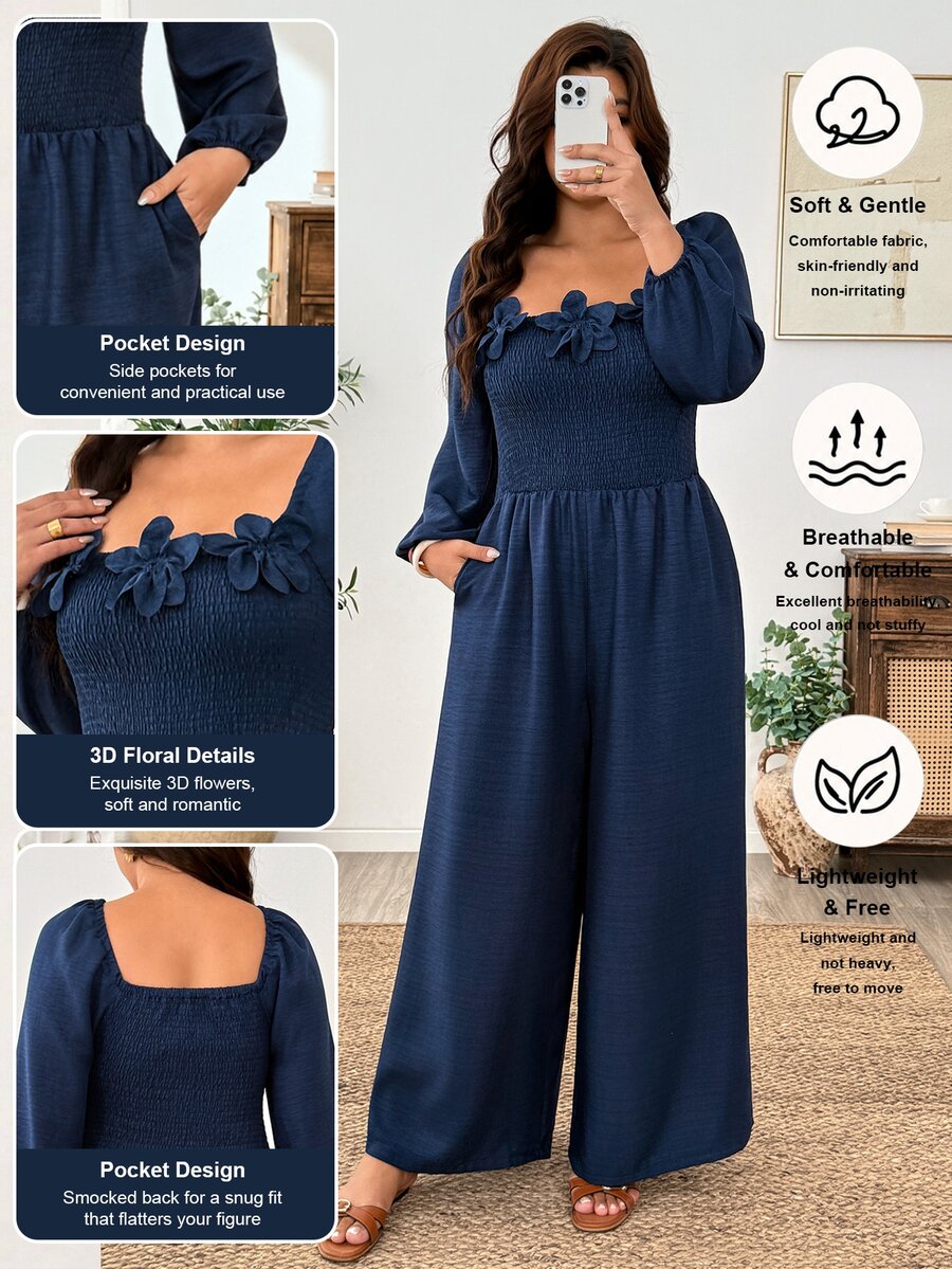 Weeklong Women's Plus Size Square Neck 3D Floral Decor Navy Blue Long Sleeve Shirred Waist With Pockets All-Season Versatile Slimming Jumpsuit Fall - Navy Blue - View 1