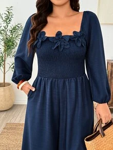 Weeklong Women's Plus Size Square Neck 3D Floral Decor Navy Blue Long Sleeve Shirred Waist With Pockets All-Season Versatile Slimming Jumpsuit Fall - Navy Blue - View 5