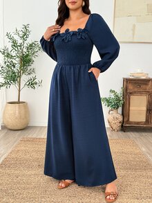 Weeklong Women's Plus Size Square Neck 3D Floral Decor Navy Blue Long Sleeve Shirred Waist With Pockets All-Season Versatile Slimming Jumpsuit Fall - Navy Blue - View 2