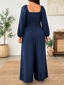Weeklong Women's Plus Size Square Neck 3D Floral Decor Navy Blue Long Sleeve Shirred Waist With Pockets All-Season Versatile Slimming Jumpsuit Fall - Navy Blue - View 4
