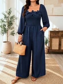 Weeklong Women's Plus Size Square Neck 3D Floral Decor Navy Blue Long Sleeve Shirred Waist With Pockets All-Season Versatile Slimming Jumpsuit Fall - Navy Blue - View 6