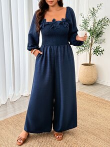 Weeklong Women's Plus Size Square Neck 3D Floral Decor Navy Blue Long Sleeve Shirred Waist With Pockets All-Season Versatile Slimming Jumpsuit Fall - Navy Blue - View 3