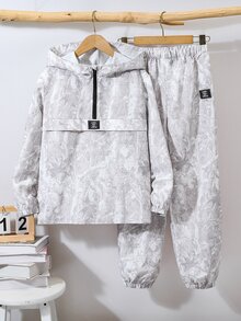 Bubblio 2件組男孩休閒日常百搭舒適拼接連帽半拉鍊套頭寬鬆長袖外套與寬鬆慢跑長褲梭織套裝 - 彩色 - 查看 4