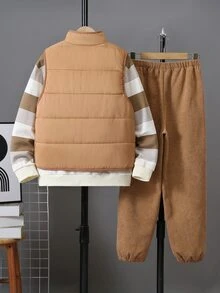 SHEIN 3件組兒童青少年男孩秋冬可愛休閒百搭保暖內裡加厚背心外套、卡其色條紋運動衫、運動慢跑長褲套裝，適合室內、戶外、日常穿著與玩耍 - 杏色 - 查看 3
