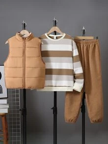 SHEIN 3件組兒童青少年男孩秋冬可愛休閒百搭保暖內裡加厚背心外套、卡其色條紋運動衫、運動慢跑長褲套裝，適合室內、戶外、日常穿著與玩耍 - 杏色 - 查看 4