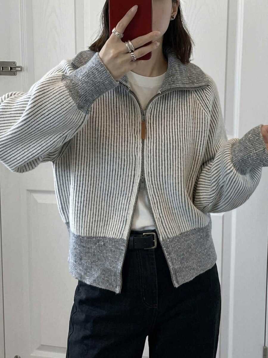 FRIFUL Women's Casual Double-Ended Zipper Cardigan, Autumn/Winter - Grey - View 1