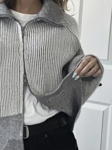FRIFUL Women's Casual Double-Ended Zipper Cardigan, Autumn/Winter - Grey - View 8
