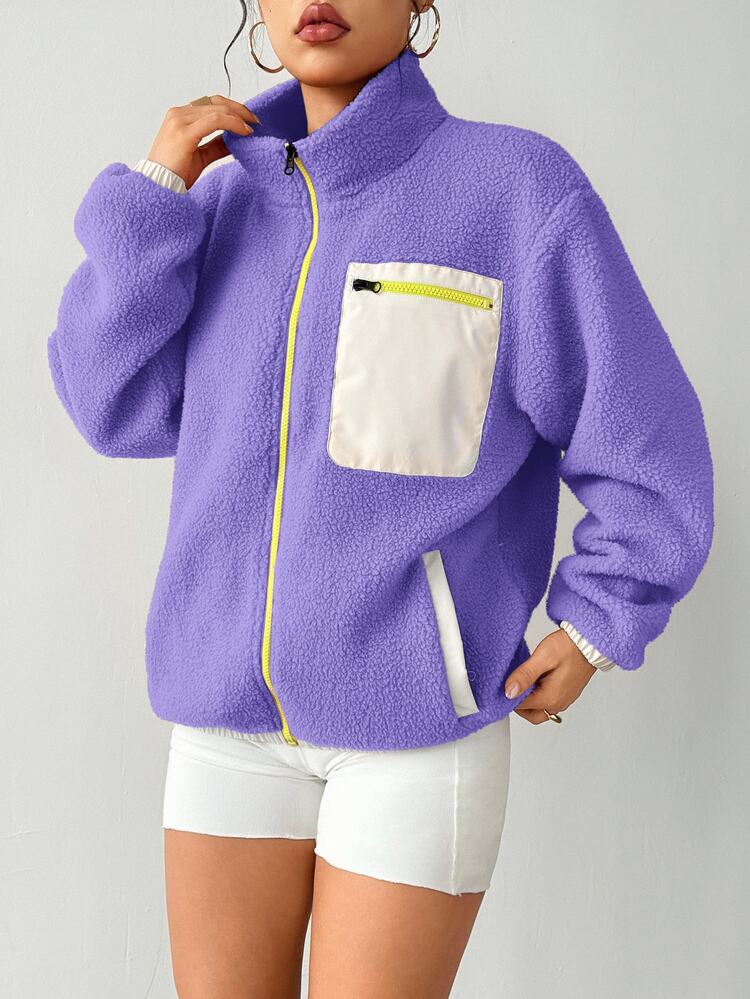 Exploreva Exploreva Casual Contrast Color Zipper Pocket Front Stand Collar Sports Jacket, Autumn/Winter Comfy Set Gym Clothes Women Oversized Sweater Zip Up Purple Y2k - Purple - View 5