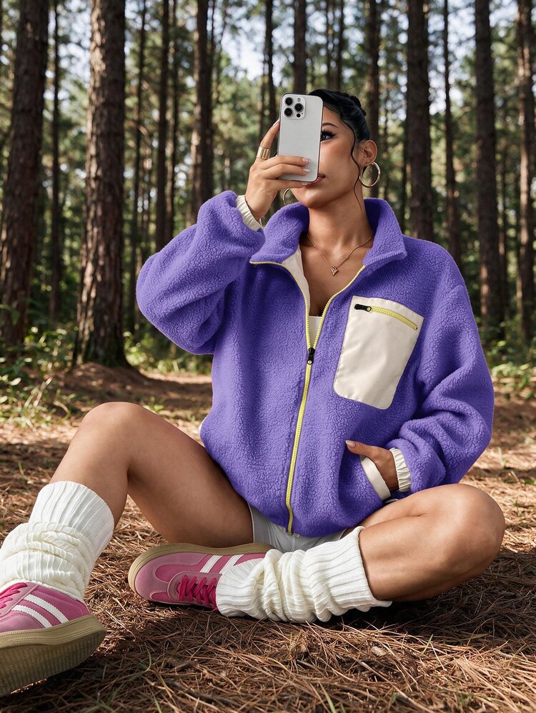 Exploreva Exploreva Casual Contrast Color Zipper Pocket Front Stand Collar Sports Jacket, Autumn/Winter Comfy Set Gym Clothes Women Oversized Sweater Zip Up Purple Y2k - Purple - View 2