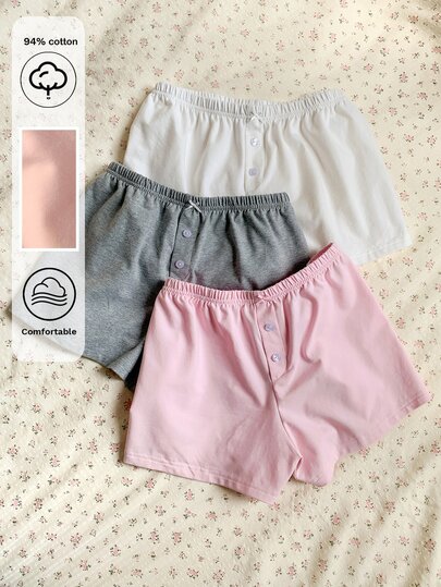 SHEIN EZwear 3pcs/Set 100%Cotton Women Casual Button Decorated Shorts With Bowknot Detail , White/Grey/Pink,Cute Summer Shorts,Pajama 3 Packs Soft Lounge Sleep