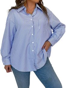 SHEIN LUNE Camisa De Talla Grande A Rayas Con Hombros Caídos - Azul y blanco - Ver 5