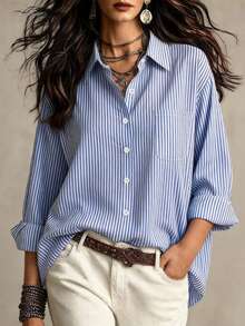 SHEIN LUNE Camisa De Talla Grande A Rayas Con Hombros Caídos - Azul y blanco - Ver 1