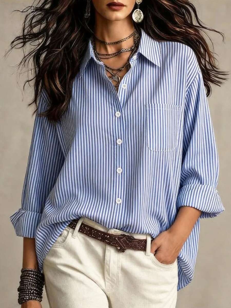 SHEIN LUNE Camisa De Talla Grande A Rayas Con Hombros Caídos - Azul y blanco - Ver 1