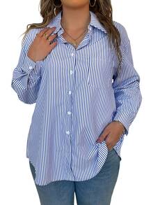 SHEIN LUNE Camisa De Talla Grande A Rayas Con Hombros Caídos - Azul y blanco - Ver 4