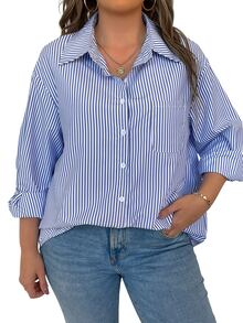 SHEIN LUNE Camisa De Talla Grande A Rayas Con Hombros Caídos - Azul y blanco - Ver 3