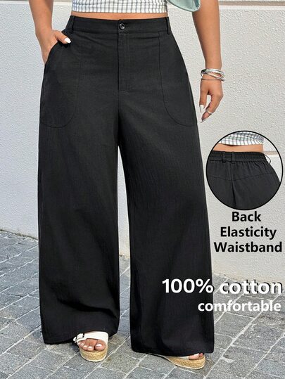 Muchica Plus Size Women Casual Black Pants,Sommar Everyday Cotton Comfortable Back Elasticity Waistband,Chic Elegant Y2k Wide Leg Trousers For Vacation Fall
