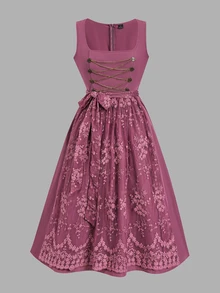 Fairmaia Button Chain Jacquard Beer Festival Dress - Red Violet - View 8