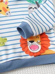 Cozy Pixies 2pcs Kids Baby Boy Casual Daily Comfortable Animal Print Contrast Color Pullover Sweatshirt Solid Color Long Autumn Winter Pants Knit Sweatshirt Set - Blue - View 4