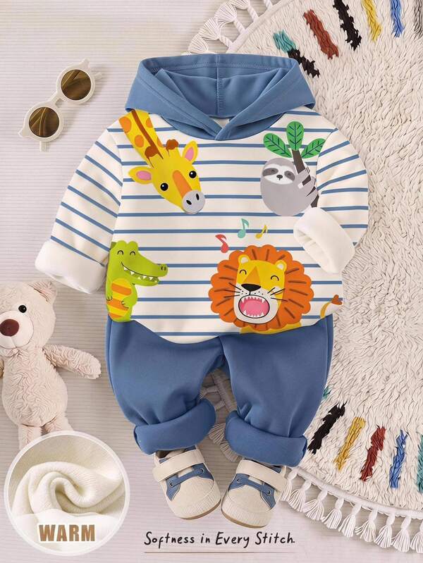 Cozy Pixies Conjunto de 2 piezas para bebé niño, sudadera tipo pullover de punto con estampado animal y color contrastante, gorro y pantalones largos de color liso, casual y cómodo para uso diario