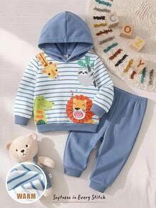 Cozy Pixies 2pcs Kids Baby Boy Casual Daily Comfortable Animal Print Contrast Color Pullover Sweatshirt Solid Color Long Autumn Winter Pants Knit Sweatshirt Set - Blue - View 8