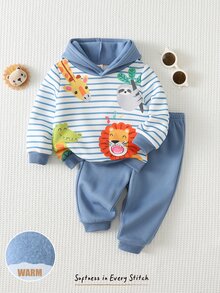 Cozy Pixies 2pcs Kids Baby Boy Casual Daily Comfortable Animal Print Contrast Color Pullover Sweatshirt Solid Color Long Autumn Winter Pants Knit Sweatshirt Set - Blue - View 9