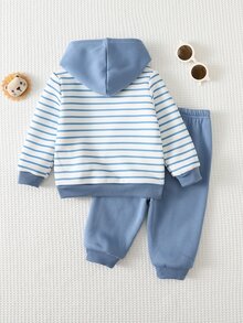 Cozy Pixies 2pcs Kids Baby Boy Casual Daily Comfortable Animal Print Contrast Color Pullover Sweatshirt Solid Color Long Autumn Winter Pants Knit Sweatshirt Set - Blue - View 2