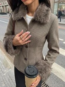 Aloruh Brown Minimalist Commuter Versatile Autumn/Winter New Houndstooth & Striped Patchwork Fitted Short Regular Jacket For Women,New Fall Styles,Cozy,Offic - Brown - View 2