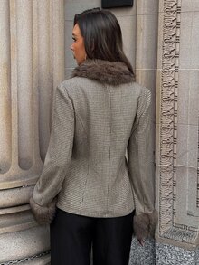 Aloruh Brown Minimalist Commuter Versatile Autumn/Winter New Houndstooth & Striped Patchwork Fitted Short Regular Jacket For Women,New Fall Styles,Cozy,Offic - Brown - View 6