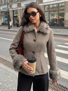 Aloruh Brown Minimalist Commuter Versatile Autumn/Winter New Houndstooth & Striped Patchwork Fitted Short Regular Jacket For Women,New Fall Styles,Cozy,Offic - Brown - View 1