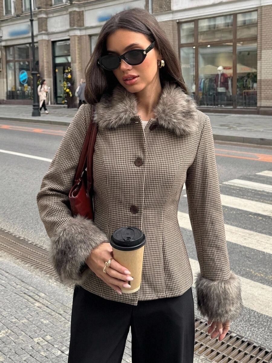 Aloruh Brown Minimalist Commuter Versatile Autumn/Winter New Houndstooth & Striped Patchwork Fitted Short Regular Jacket For Women,New Fall Styles,Cozy,Offic - Brown - View 1