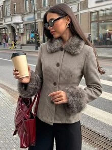 Aloruh Brown Minimalist Commuter Versatile Autumn/Winter New Houndstooth & Striped Patchwork Fitted Short Regular Jacket For Women,New Fall Styles,Cozy,Offic - Brown - View 4