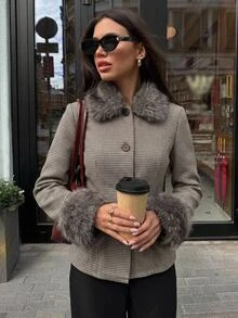 Aloruh Brown Minimalist Commuter Versatile Autumn/Winter New Houndstooth & Striped Patchwork Fitted Short Regular Jacket For Women,New Fall Styles,Cozy,Offic - Brown - View 3