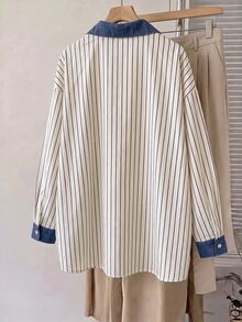 SHEIN CURVE+ 大尺碼女款秋季休閒日常穿著，大尺碼女款長袖襯衫，休閒寬鬆舒適長版，新年家居裝飾，秋季襯衫，女款休閒寬鬆舒適長版襯衫 - 彩色 - 查看 3