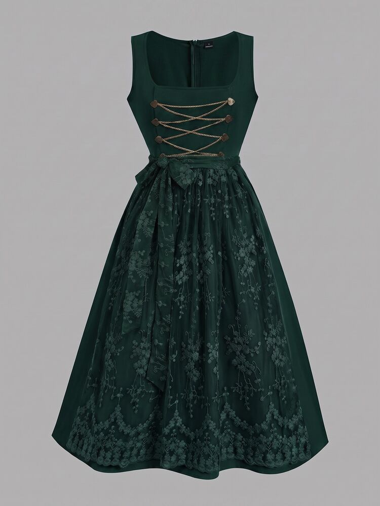 Fairmaia Button Chain Jacquard Beer Festival Dress - Dark Green - View 7