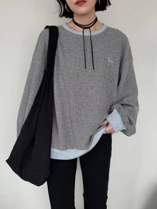 FRIFUL Women's Korean Autumn Colorblock Textured Fabric Sweatshirt - Grey - View 5