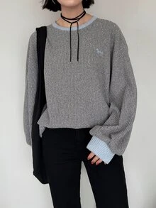 FRIFUL Women's Korean Autumn Colorblock Textured Fabric Sweatshirt - Grey - View 2