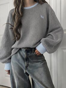 FRIFUL Women's Korean Autumn Colorblock Textured Fabric Sweatshirt - Grey - View 6