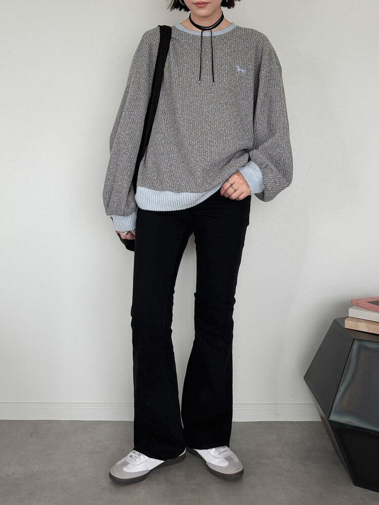 FRIFUL Women's Korean Autumn Colorblock Textured Fabric Sweatshirt - Grey - View 3