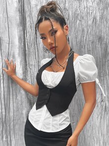 SHEIN ICON 1pc Hanky Hem Backless Crop Halter Top Without Blouse - Black - View 8