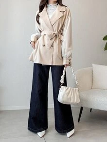 FRIFUL Women's Lapel Neck Drop Shoulder Long Sleeve Double-Breasted Blazer Vacation - Beige - View 3