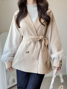 FRIFUL Women's Lapel Neck Drop Shoulder Long Sleeve Double-Breasted Blazer Vacation - Beige - View 7