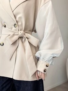 FRIFUL Women's Lapel Neck Drop Shoulder Long Sleeve Double-Breasted Blazer Vacation - Beige - View 4