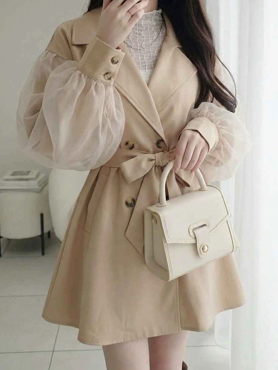 FRIFUL Women's Lapel Neck Drop Shoulder Long Sleeve Double-Breasted Blazer Vacation - Beige - View 1