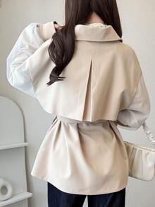 FRIFUL Women's Lapel Neck Drop Shoulder Long Sleeve Double-Breasted Blazer Vacation - Beige - View 2