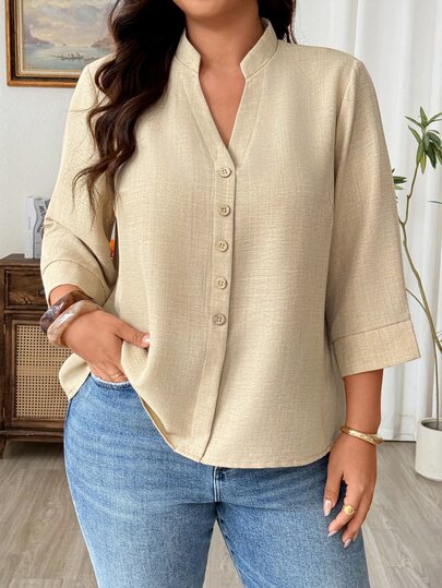 Weeklong Women's Plus Size Mid-Length Sleeve Loose Fit Faux Linen Fabric Shirt With Wooden Button Decoration, Casual Vacation And Daily Wear Comfortable Blouse